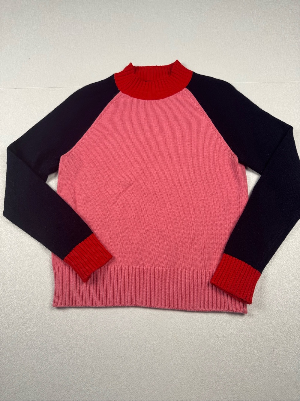 Boden M Pink Navy Red Colorblock Wool Cashmere Mock Neck Sweater - Picture 2 of 5